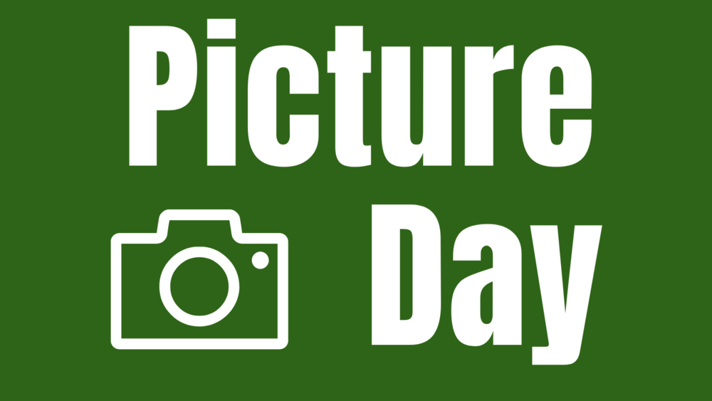 A green background with bold white text reading Picture Day, accompanied by a white outline icon of a camera on the left side of the word Day.
