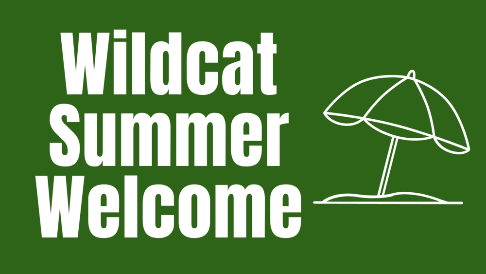 White text on a dark green background reads "Wildcat Summer Welcome" stacked on the left side, next to a simple white line art illustration of a beach umbrella on the right.