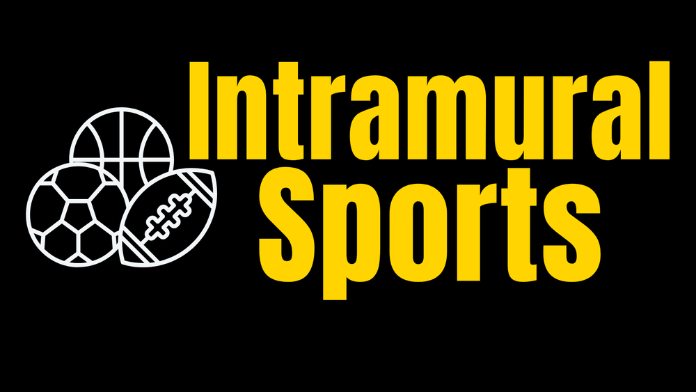 Yellow text "Intramural Sports" on black background with white icons of a basketball, soccer ball, and football.
