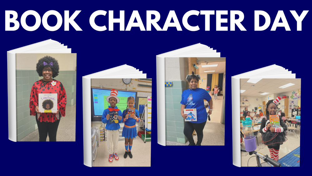 text that says book character day with images of students and staff dressed as book characters