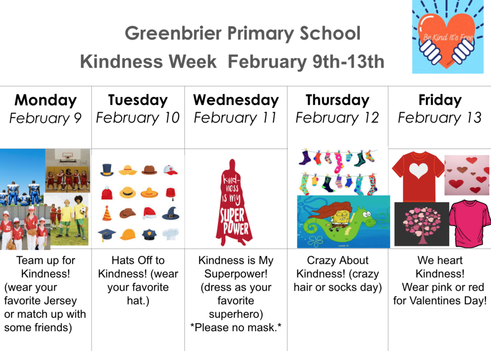Monday: Wear your favorite jersey, Tuesday: Wear your favorite hat, Wednesday: Wear your favorite superhero, Thursday: Wear crazy hair or socks, Friday: Wear pink or red.