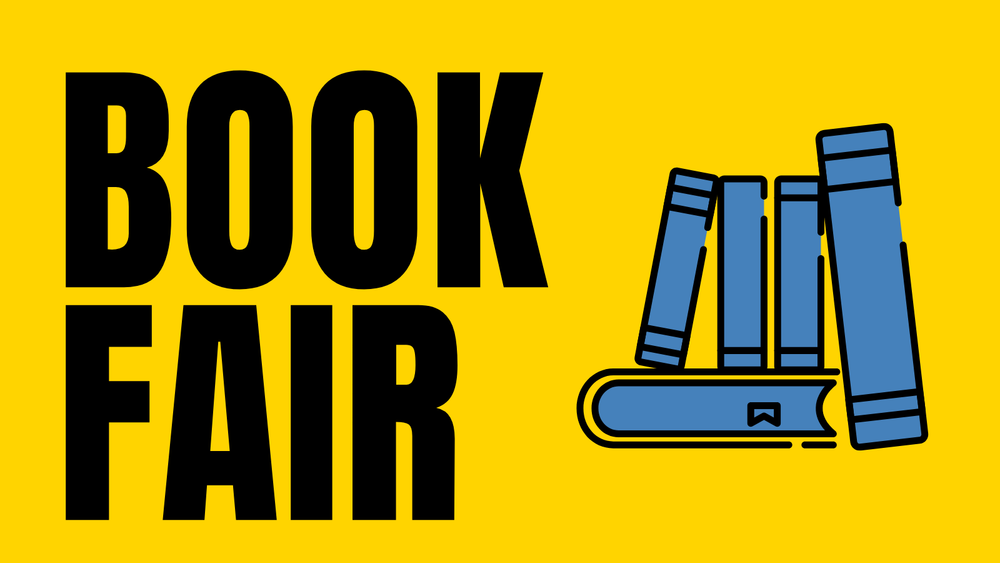 A bright yellow graphic with bold black text reading 'BOOK FAIR' next to an illustration of a stack of blue books.