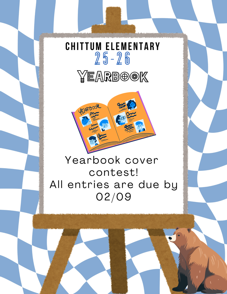 an easel displaying that we are doing a yearbook cover contest. all entries are due by 02/09