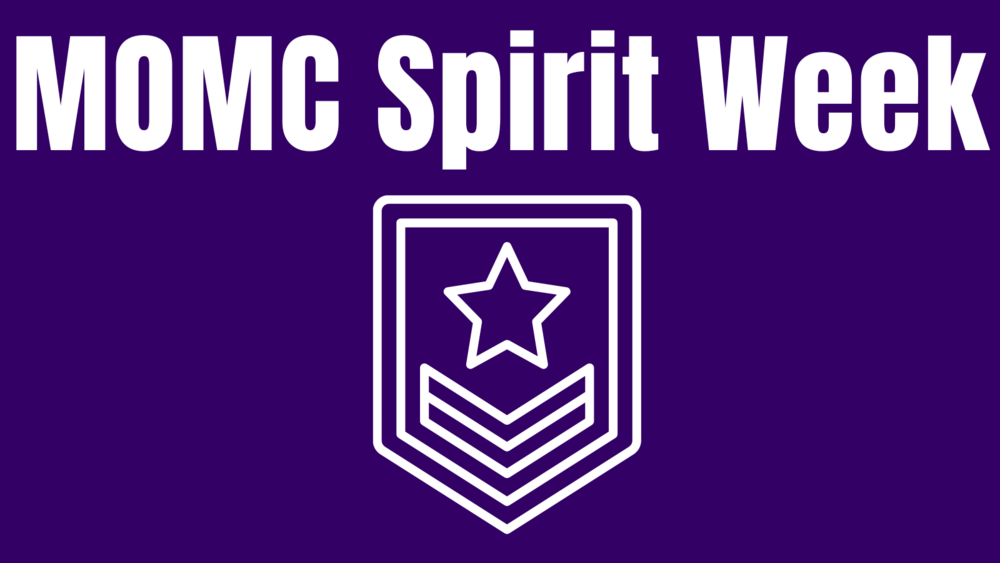 graphic that says momc spirit week and an image of a badge