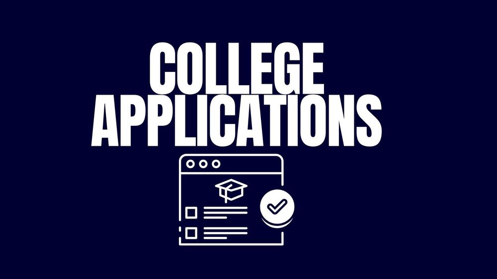 Graphic with the words ‘College Applications’ in bold white text on a dark blue background, featuring a white line illustration of a computer window with a graduation cap icon, text lines, and a checkmark symbol.