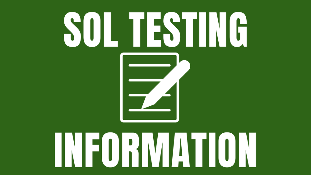Green and white graphic with the text SOL Testing Information. Includes a decorative white image of a pencil and paper.
