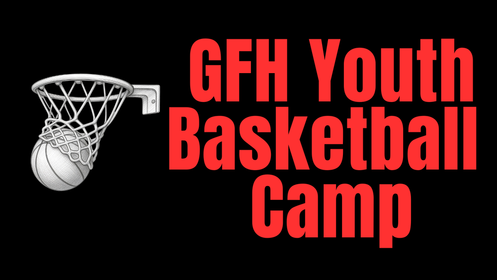 A black background featuring a white line-art illustration of a basketball passing through a net on the left. On the right, bold red text reads: "GHS Youth Basketball Camp."