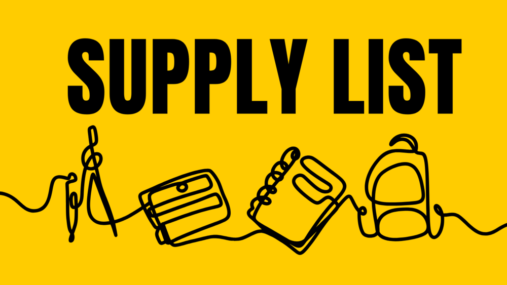 Bold black text reads "SUPPLY LIST" centered on a bright yellow background. Below the text, a single continuous black line draws the outlines of school supplies, including a compass, a pencil sharpener, a spiral notebook, and a backpack.