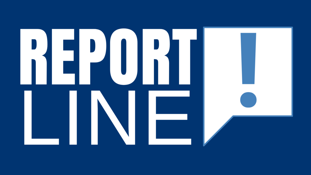 text reads "REPORT LINE" with graphic of a speech bubble that has an exclamation point. Graphic is in Chespeake branded colors.
