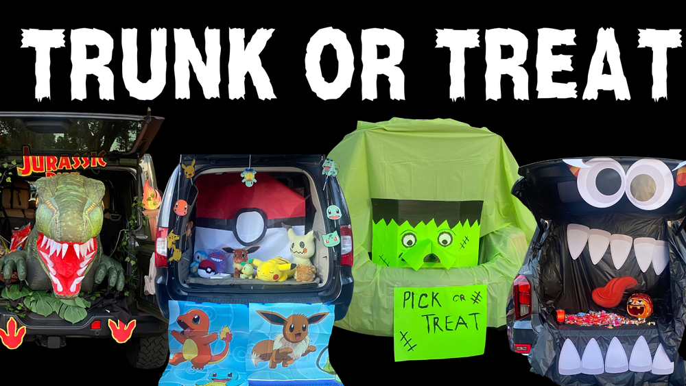 Trunk or Treat text with images of decorated trunks
