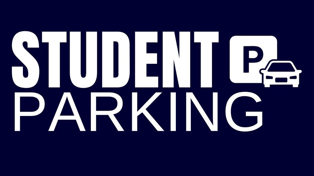 Navy blue background with white lettering that reads Student Parking. A graphic of a Parking symbol and car is located beside the text.