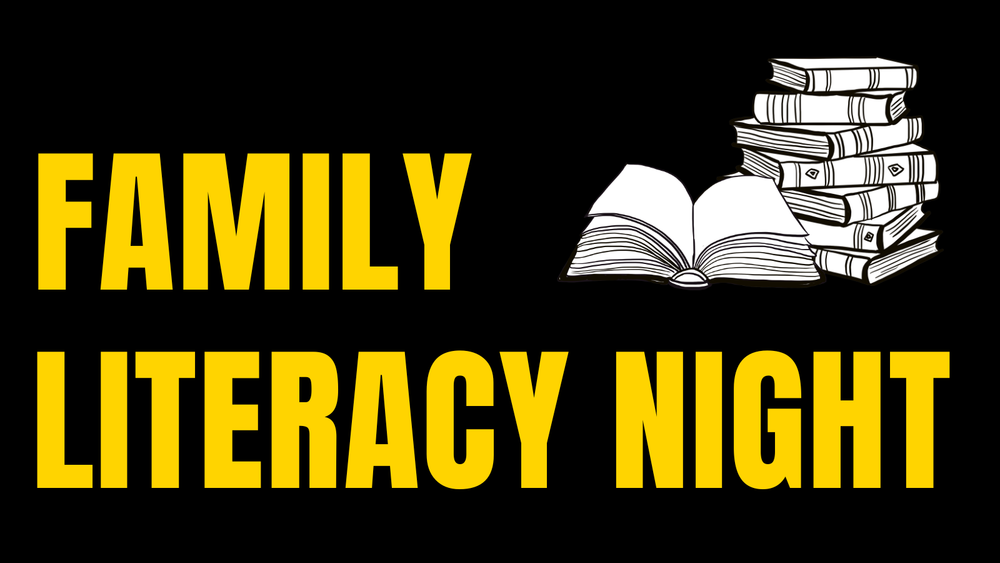 Family Literacy Night with an open book sitting in front of a stack of books