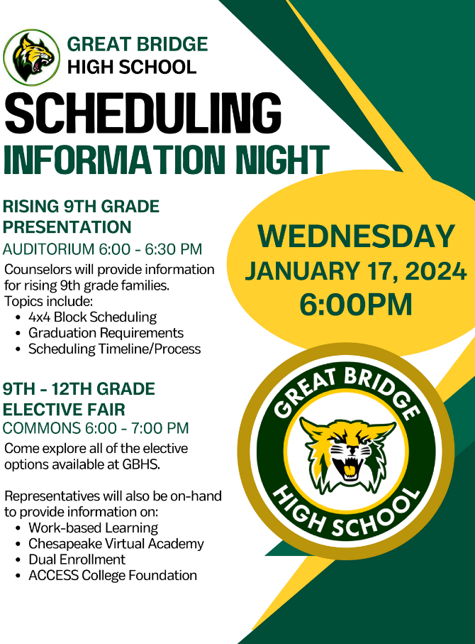 Graphic containing information that is displayed in the text of this post regarding scheduling night for GBHS