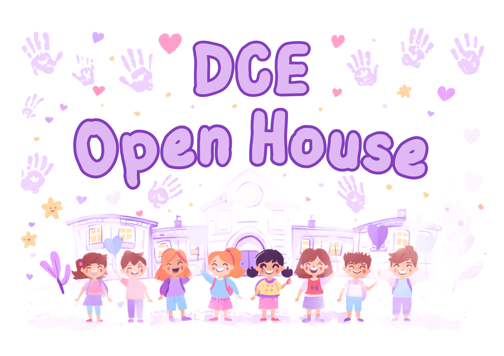children standing in a line in front of a school with the words DCE Open House over the top