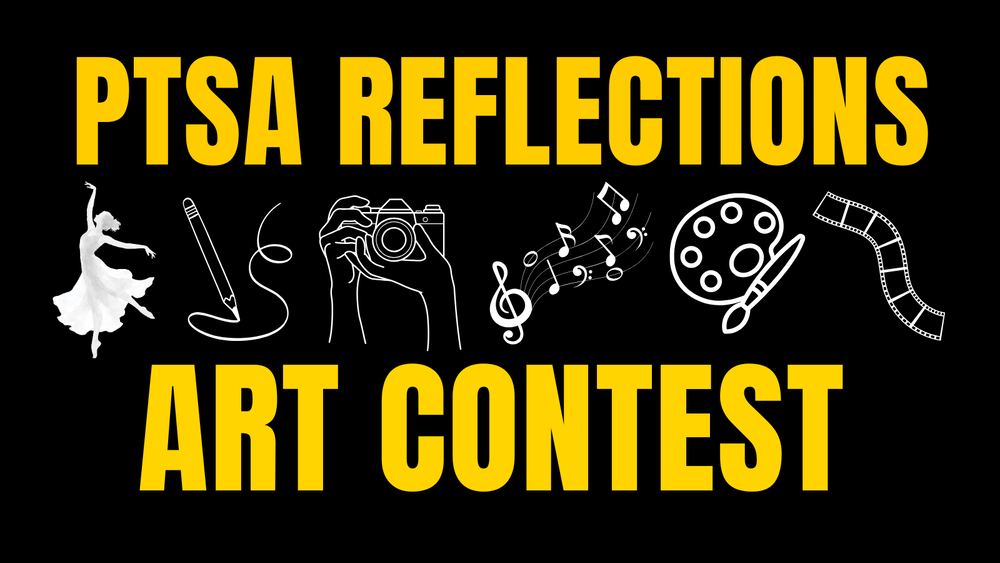 Yellow text on a black background reads "PTSA REFLECTIONS ART CONTEST". Between the top and bottom lines of text are six white icons representing art categories: a dancer, a pencil drawing a line, hands holding a camera, musical notes with a treble clef, an artist's palette with a paintbrush, and a strip of film.