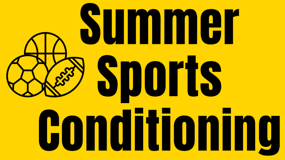 Graphic with a bright yellow background featuring the bold black text "Summer Sports Conditioning". To the left of the text, there is a simple black line-art illustration of three sports balls clustered together: a basketball, a soccer ball, and an American football.