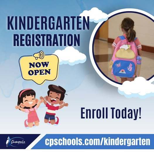 Kindergarten Registration Now Open. Enroll Today! cpschools.com/kindergarten Picture of a student and backpack