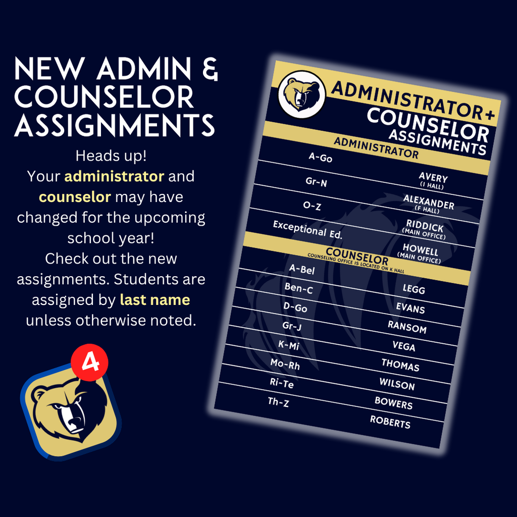 Administrator and counselor assignments for 2025-2026.
