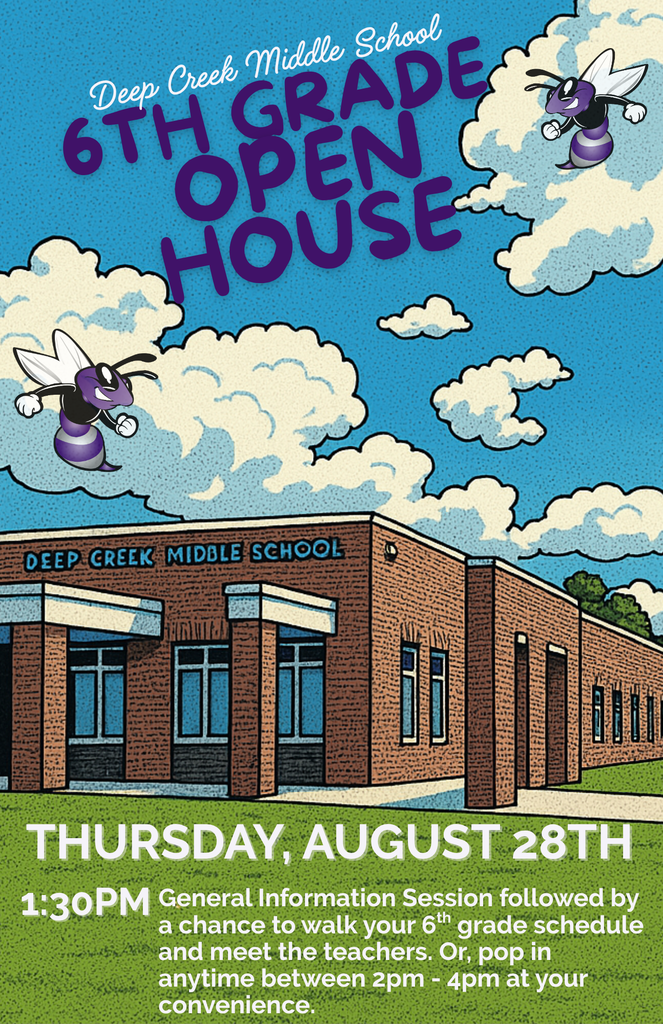 6th Grade Open House: Thursday, August 28 starting at 1:30pm for a general information session followed by a chance to walk your 6th grade schedule and meet the teachers. Or, pop in anytime between 2pm - 4pm at your convenience.  