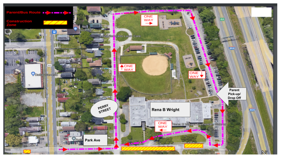 Detour route to enter school parking lot down perry street