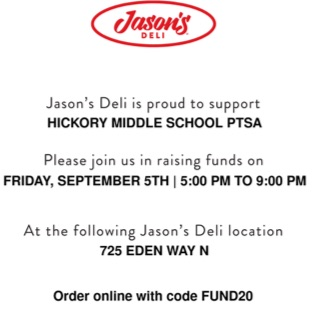 Hungry Hawks spirit night with Hickory Middle School PTSA on Friday September 5th from 5-9PM. order online with code FUND20