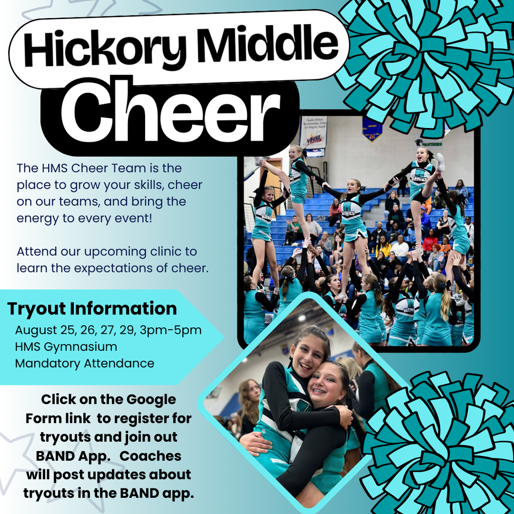Cheer information for try-outs, August 25-27, 29 from 3-5PM in the gymnasium, mandatory attendance, there is a google form and band app to join