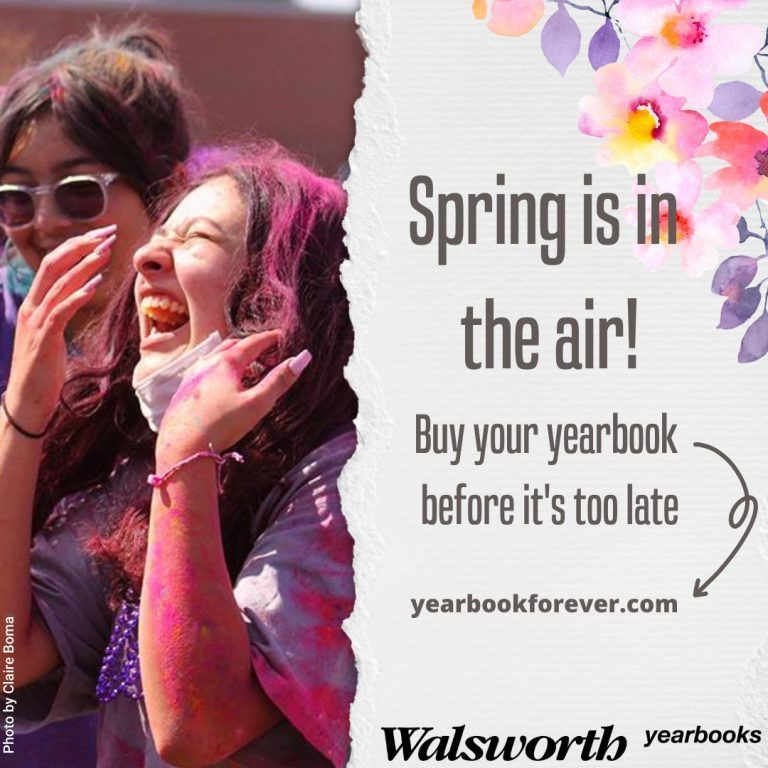 A photograph divided by a ripped paper edge. On the left, a student with purple hair, face mask down, is caught laughing with pink powder on their face and arm at a vibrant, joyful event. On the textured paper on the right, dark text reads: Spring is in the air! Buy your yearbook before it’s too late. An arrow points to the website yearbookforever.com. Watercolor flowers frame the text, creating a joyful, seasonal, and urgent mood.