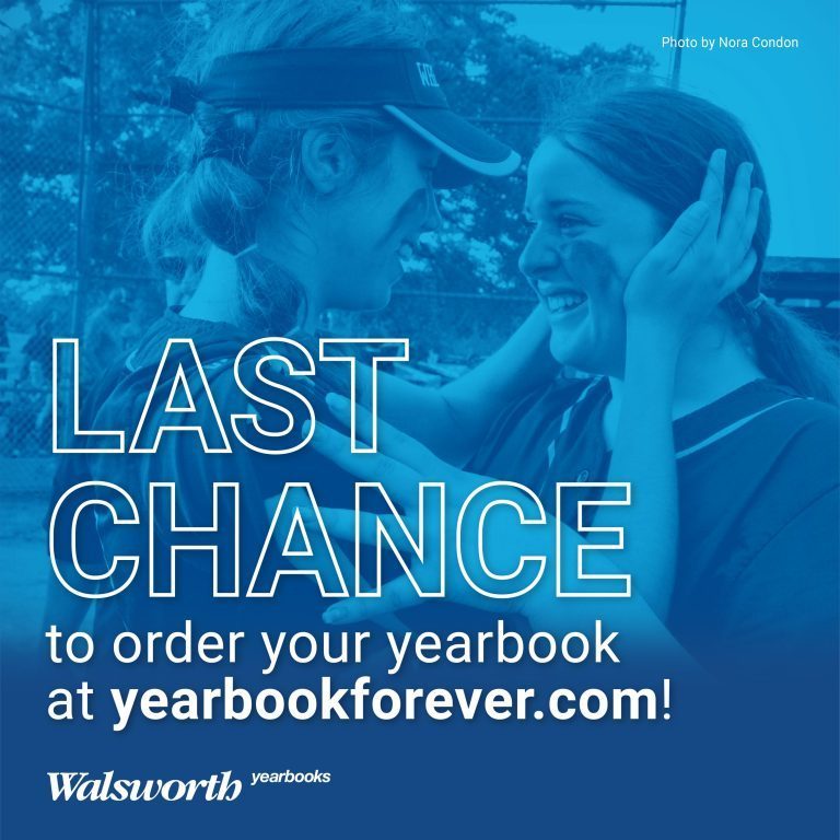 A monochrome blue photograph of two laughing softball players embraces on a field. Prominent white text overlay reads LAST CHANCE in a large, bold font, and smaller text below it says "to order your yearbook at yearbookforever.com!". A small Walsworth yearbooks logo is in the bottom-left corner, and a "Photo by Nora Condon" credit is in the top-right. The image conveys an urgent but happy emotional vibe, stressing that time is running out to preserve memories.