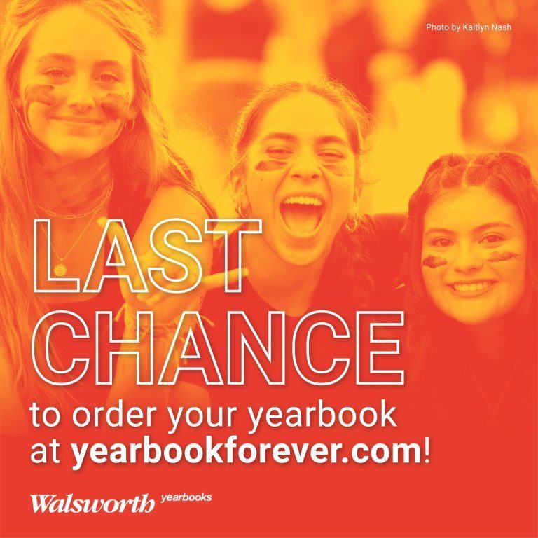 A vibrant red and orange duotone photograph showing three students smiling and laughing with eye black on their faces, capturing a high-energy school spirit moment. Overlaid in large white outlined letters are the words LAST CHANCE, followed by smaller text that reads "to order your yearbook at yearbookforever.com!". The Walsworth yearbooks logo is in the bottom left, and a photo credit for Kaitlyn Nash is in the top right. The image feels urgent, joyful, and full of community pride.