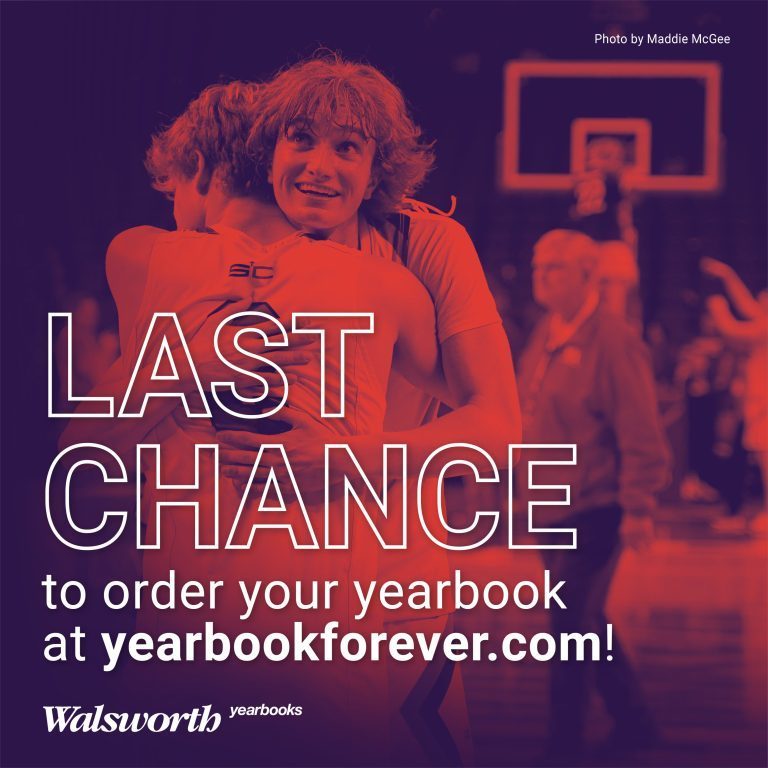 A warm, red-toned duotone photograph of two basketball players sharing an emotional embrace on the court after a game. One player has a joyful, wide-eyed expression of triumph. Bold, white outlined text reading LAST CHANCE is layered over the center, with a call to action below to order at yearbookforever.com. The Walsworth yearbooks logo is in the bottom left, and a photo credit for Maddie McGee is in the top right. The image captures a powerful sense of victory and school pride.