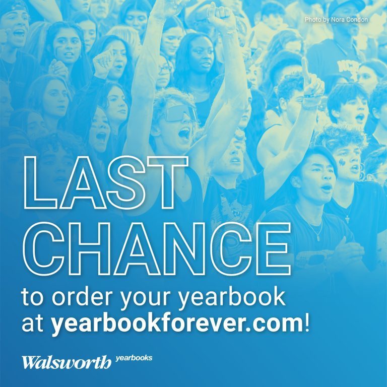 A light blue duotone photograph showing a large, energetic crowd of students cheering with their arms raised at a school event. Large, white outlined text in the center reads LAST CHANCE, followed by a call to action to order a yearbook at yearbookforever.com. The Walsworth yearbooks logo appears in the bottom left, and a photo credit for Nora Condon is in the top right. The image is filled with excitement and a sense of belonging.