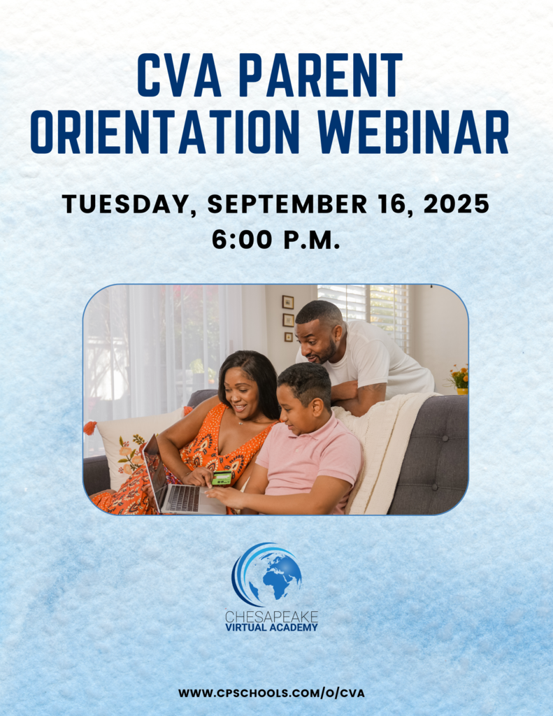 Family looking at laptop. Text reads: cva parent orientation webinar. Tuesday September 16th at 6 p.