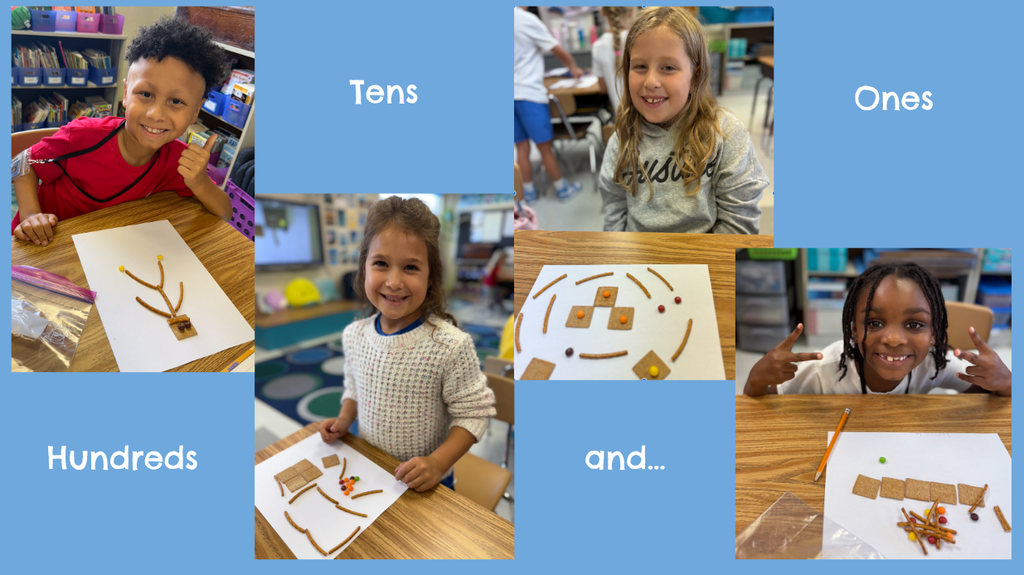 Ms. Waterfield's 2nd graders had a delicious time learning about place value today! 🥨🍫 Our students used snacks to build models of ones, tens, and hundreds. It's amazing what a little creativity (and some tasty treats!) can do for a math lesson! #HandsOnLearning #MathIsFun #DCCEHornets #SecondGrade
