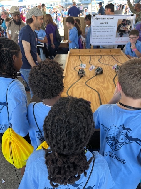 Backs of students with robots