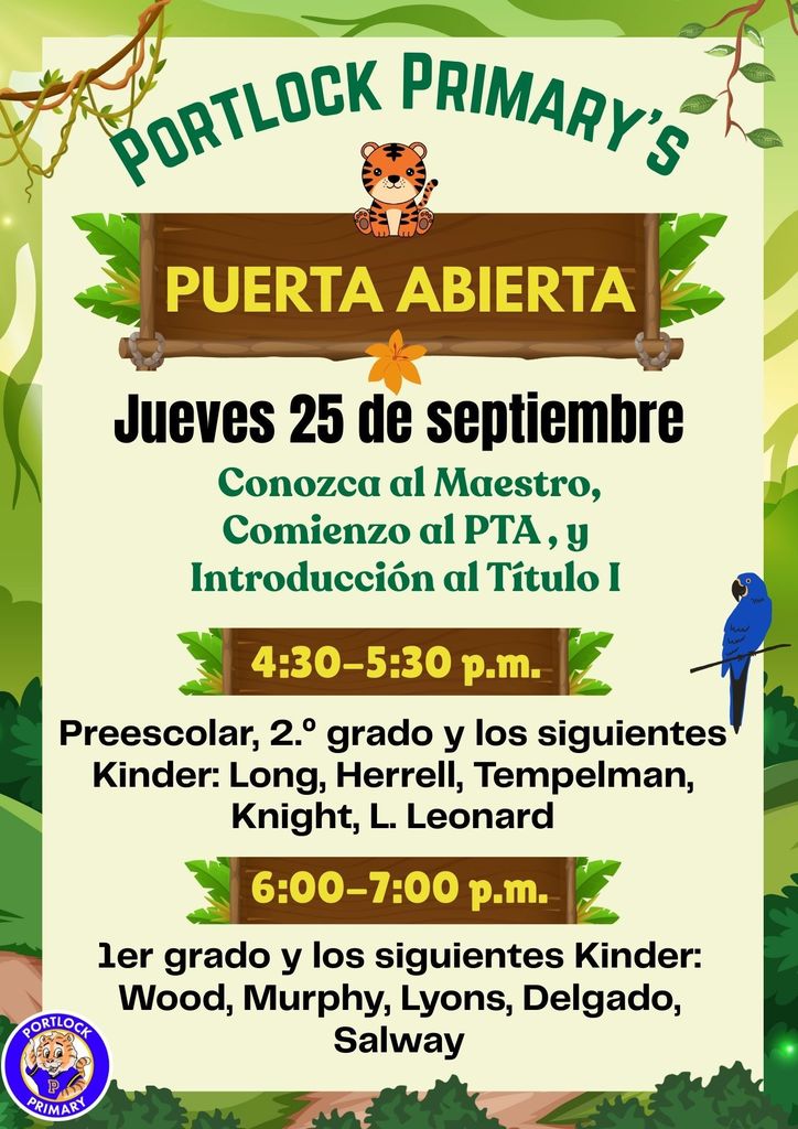 Open House Thursday, September 25, 4:30-5:30 p.m.  for 2nd grade, preschool, and some K, 6-7 p.m.  for 1st grade and remaining K
