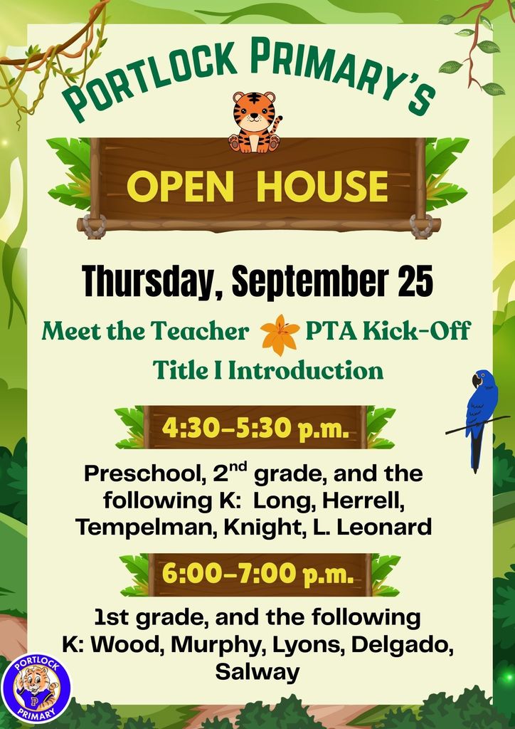 Open House Thursday, September 25, 4:30-5:30 p.m.  for 2nd grade, preschool, and some K, 6-7 p.m.  for 1st grade and remaining K