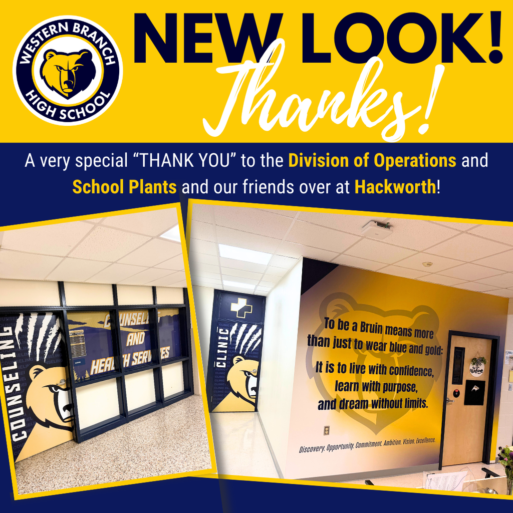Thank you message to the Division of Operations, School Plants, and Hackworth with two images of the counseling suite upgrades.