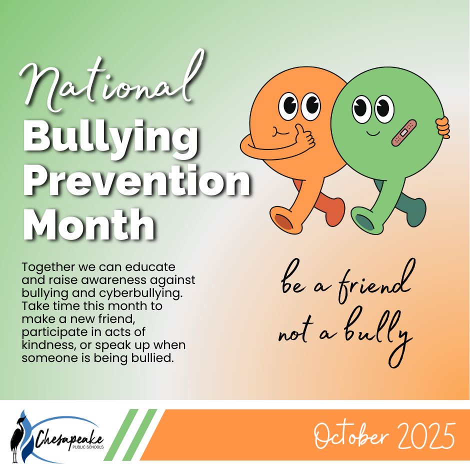 National Bullying month with two friendly cartoon people hugging. Be a friend not a bully. 