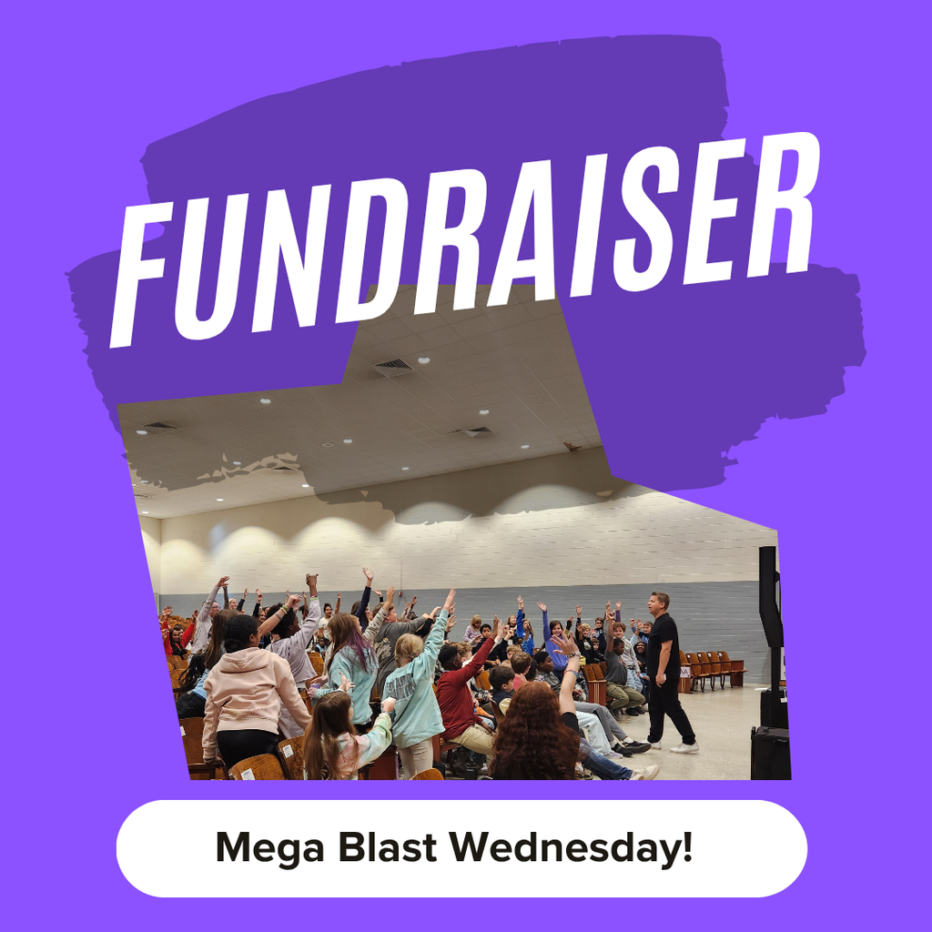 Fundraiser Mega Blast Wednesday students in an auditorium raising their hands with a magician in front.