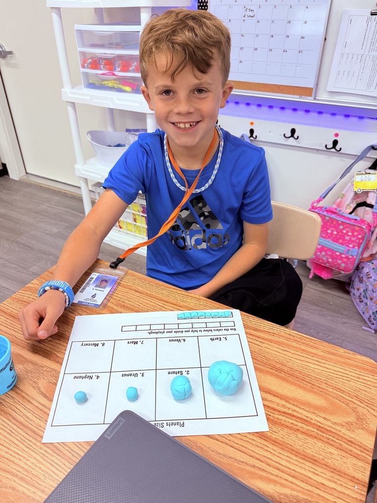 In Science, students had a great time exploring the different sizes of the planets. Students had to follow step-by-step directions to create the planets out of playdough and were amazed at just how much BIGGER the Gas Giants are compared to the Terrestrial planets.