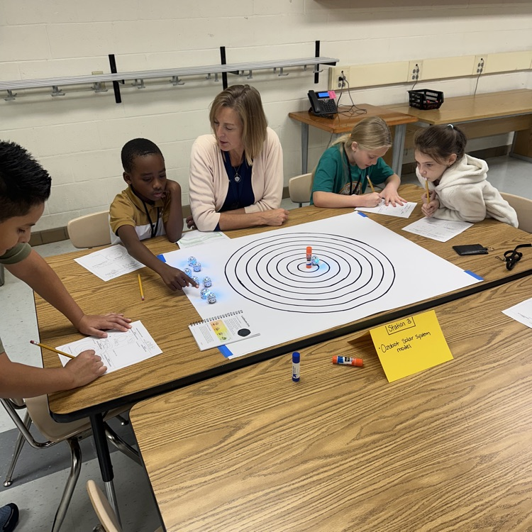 teacher and students with ozobot model of the solar system
