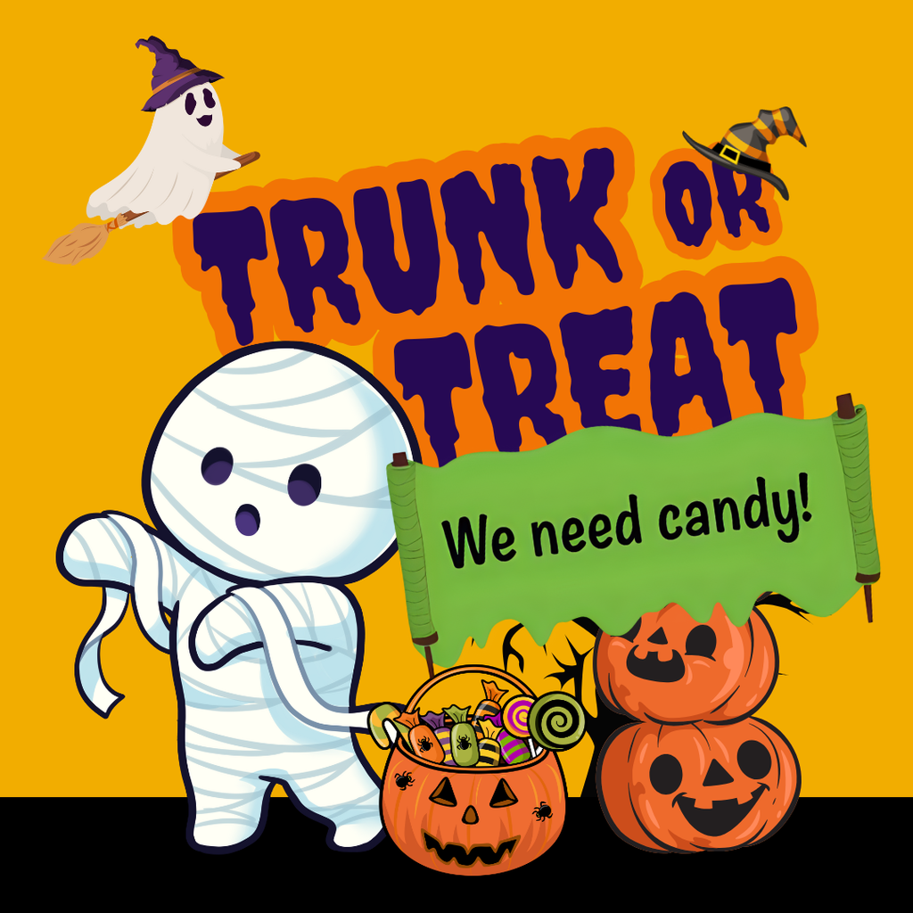 A ghost and three pumpkins and a Trunk or Treat. We need candy!