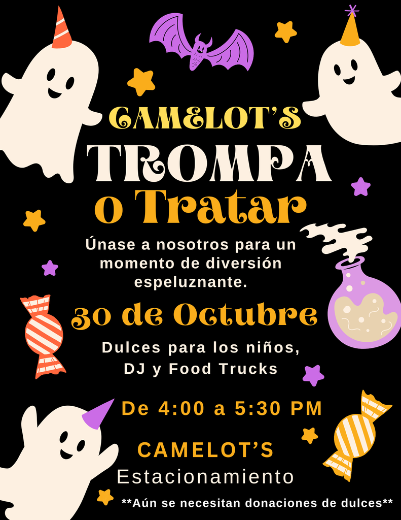 Spanish version of camelot's trunk or treat is October 30th from 4:00 to 5:30 PM flyer
