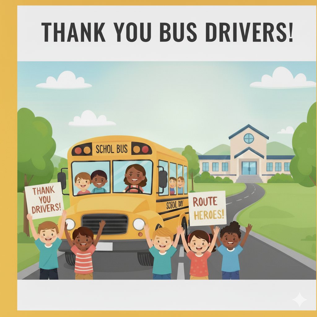 smiling students holding signs for bus driver appreciation week in front a bus with smiling bus driver