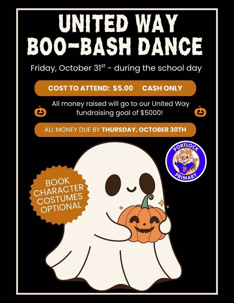 United Way Boo Bash Dash Oct 31 $5 donation to attend. cash only money due by Oct 31 book character costumes optional