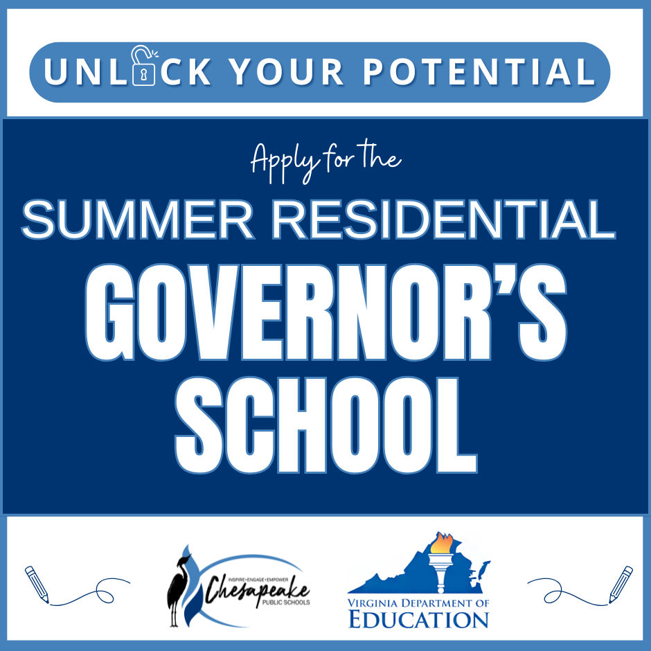 apply for the summer governor's school blue and white wht VDOE and CPS logos