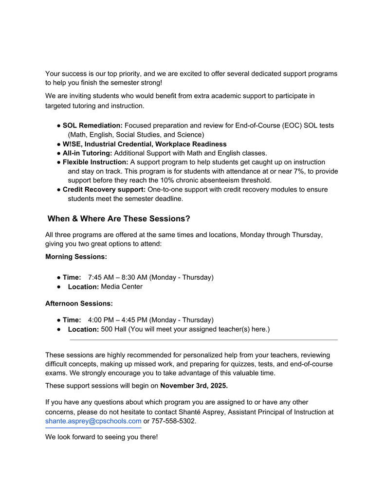 Fall Academic Program Information