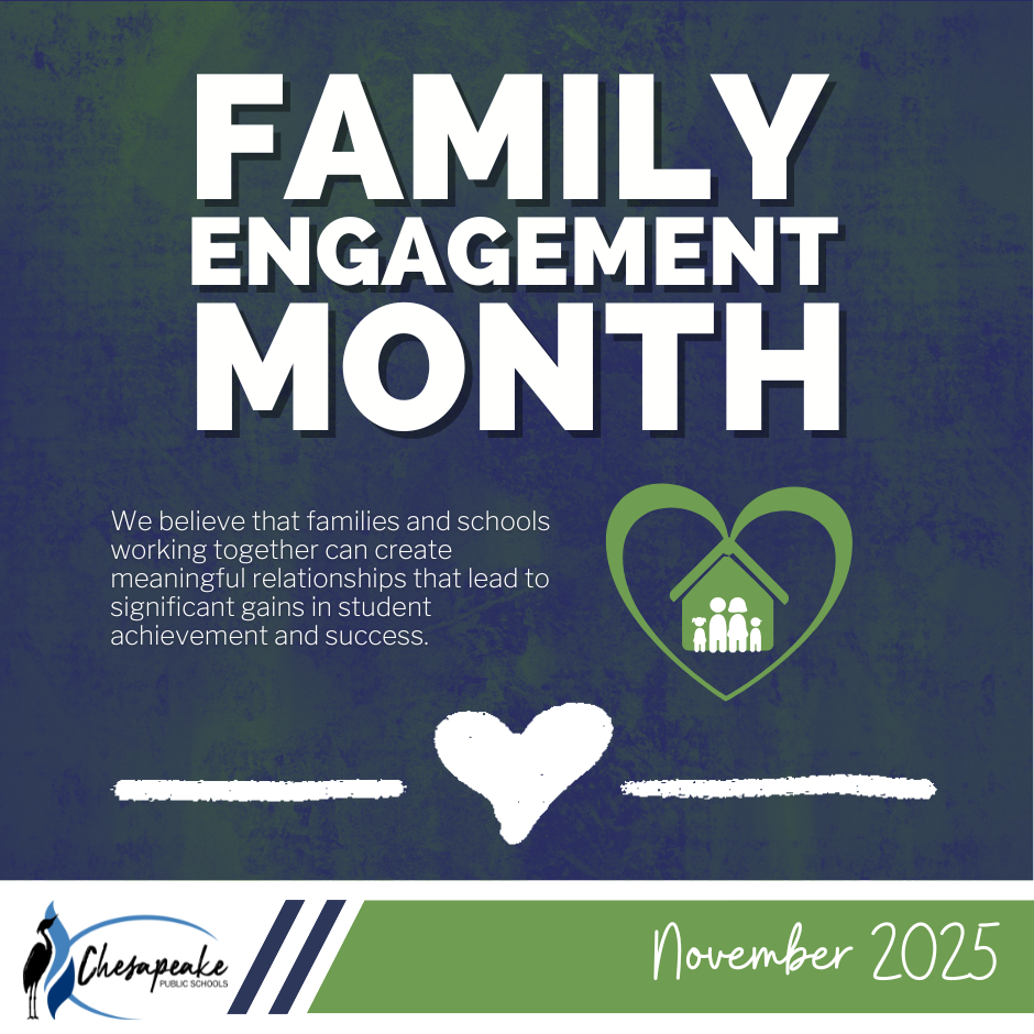 blue and green graphic with white writing celebrating Family Engagement Month
