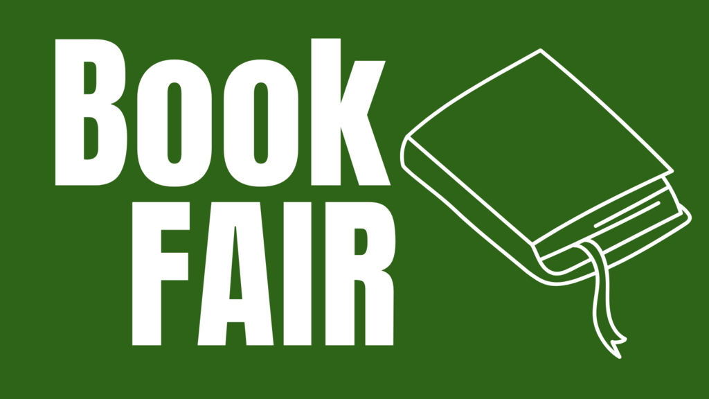 A green graphic that displays the words "Book Fair" in white lettering.