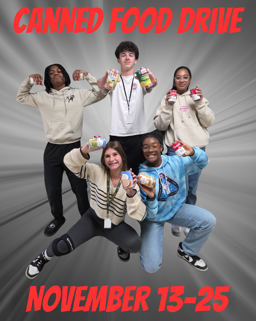 Five students, four standing and one crouching, smiling and holding various canned food items. The words 'CANNED FOOD DRIVE' are at the top and 'NOVEMBER 13-25' are at the bottom, all in red text on a grey, radial blur background.